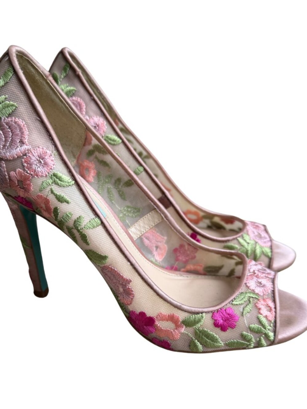 Betsey Johnson Embroidered Floral Peep Toe Heels Size 6 Pink Satin Mesh Stiletto - Picture 5 of 15